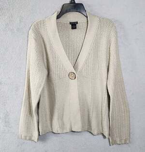 Tally Ho Y2K Chunky Knit Cardigan Oatmeal Brown Sweater Boho Button Front Large